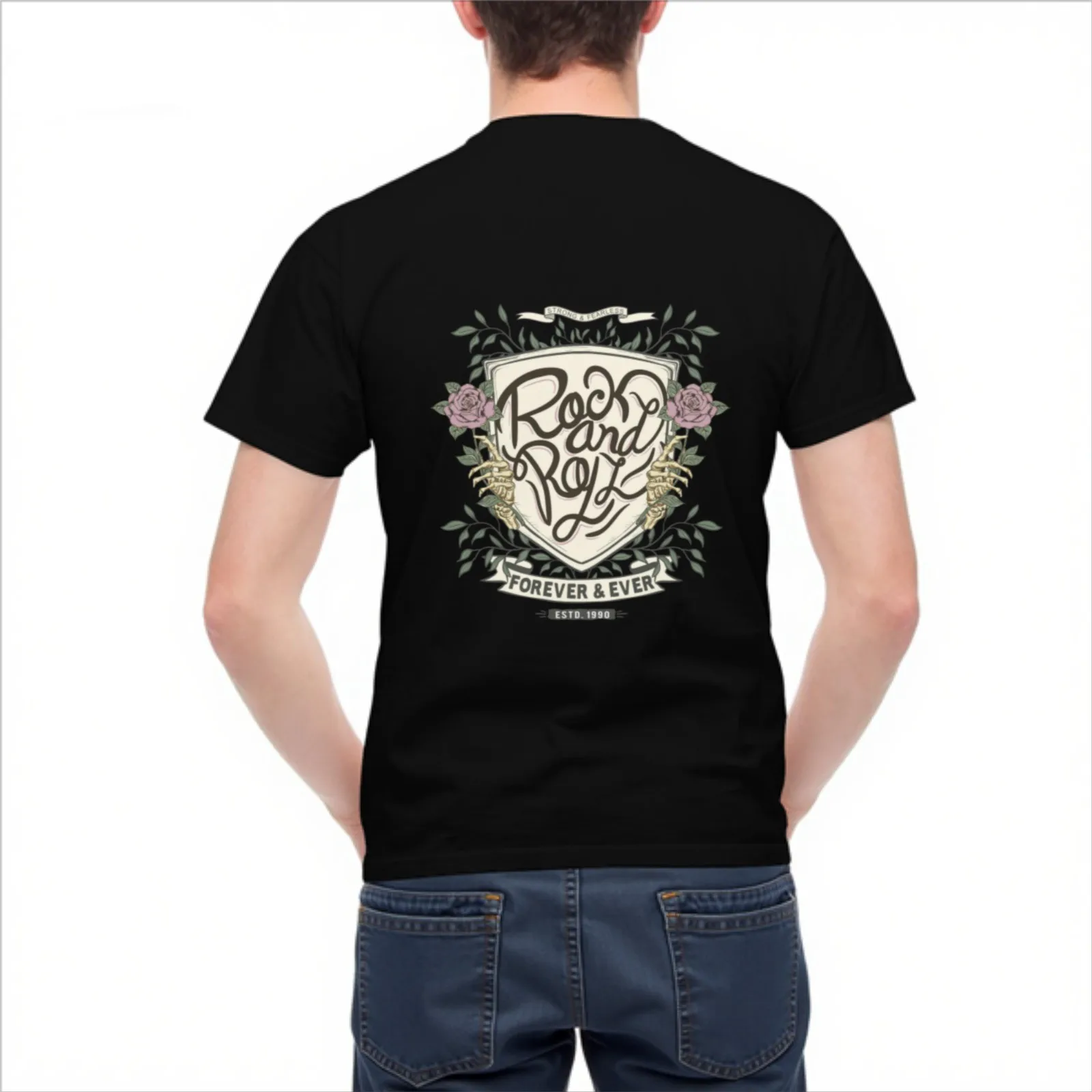 Rock And Roll Shield Graphic Men's Casual Cotton T-Shirt Short Sleeve Crew Neck Daily Tee