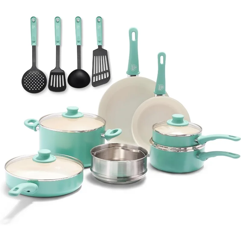 

Soft Grip Healthy Ceramic Nonstick, 15 Piece Cookware Pots and Pans Set, Induction, PFAS-Free, Dishwasher Safe, Turquoise