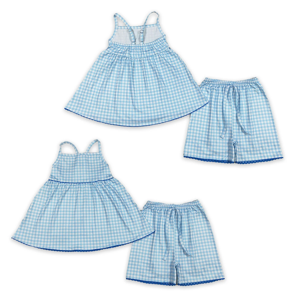 Baby Girls Strap Blue Checked Tunic Short Clothes Sets Kids Sleeveless Pink Blue Tops Boutique Summer Outfit Clothing Wholesale