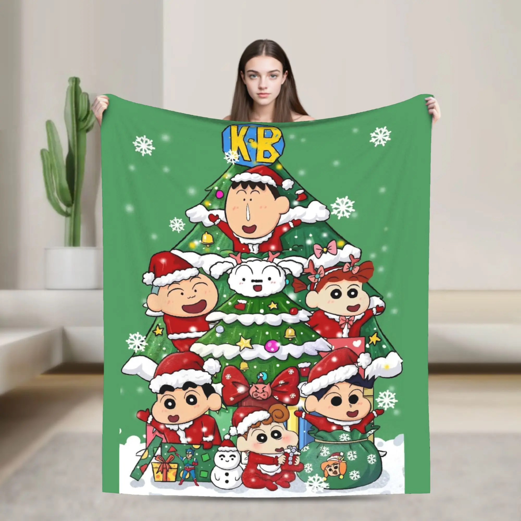 Crayon Shin-chan joyfully dress up the Christmas tree Blanket  Travel Flannel Throw Blanket For Living Room Warm Bedspread Gift