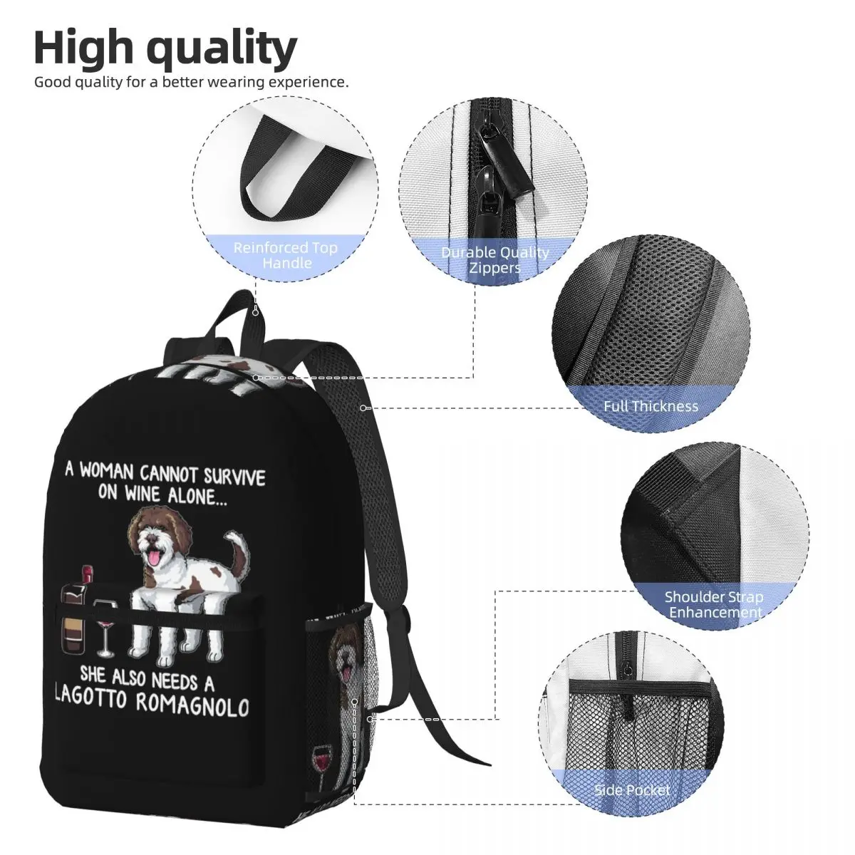Lagotto Romagnolo And Wine Funny Dog Fitted Backpack Daypack Large Capacity BookBag School Bag Shoulder Bags for Men Women