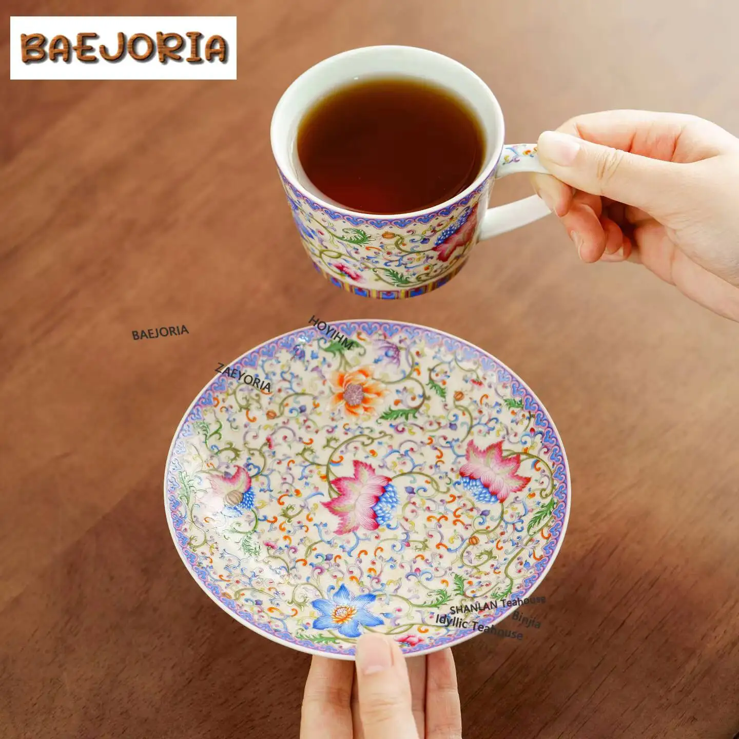 BAEJORIA 200ml Colour Enamels Coffee Mug With Plate Couple Handgrip Cups Afternoon Tea Mug Cup Saucer Kit Tea Services