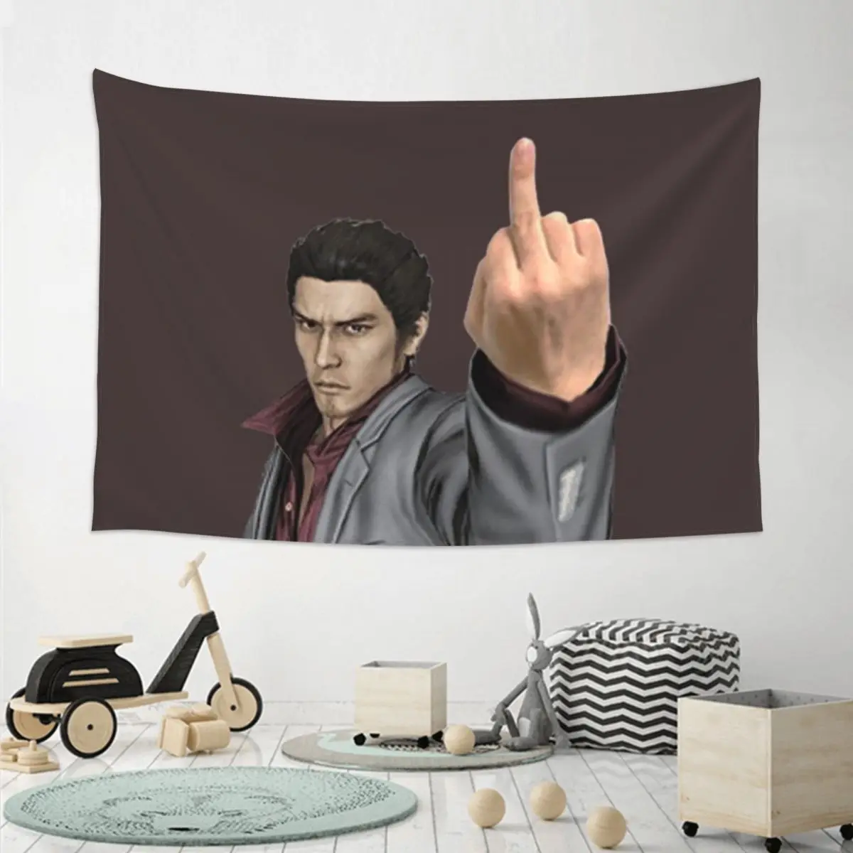 Kazuma Kiryu Middle Finger Tapestry Art Wall Hanging Aesthetic Home Decor Tapestries for Living Room Bedroom Dorm Room