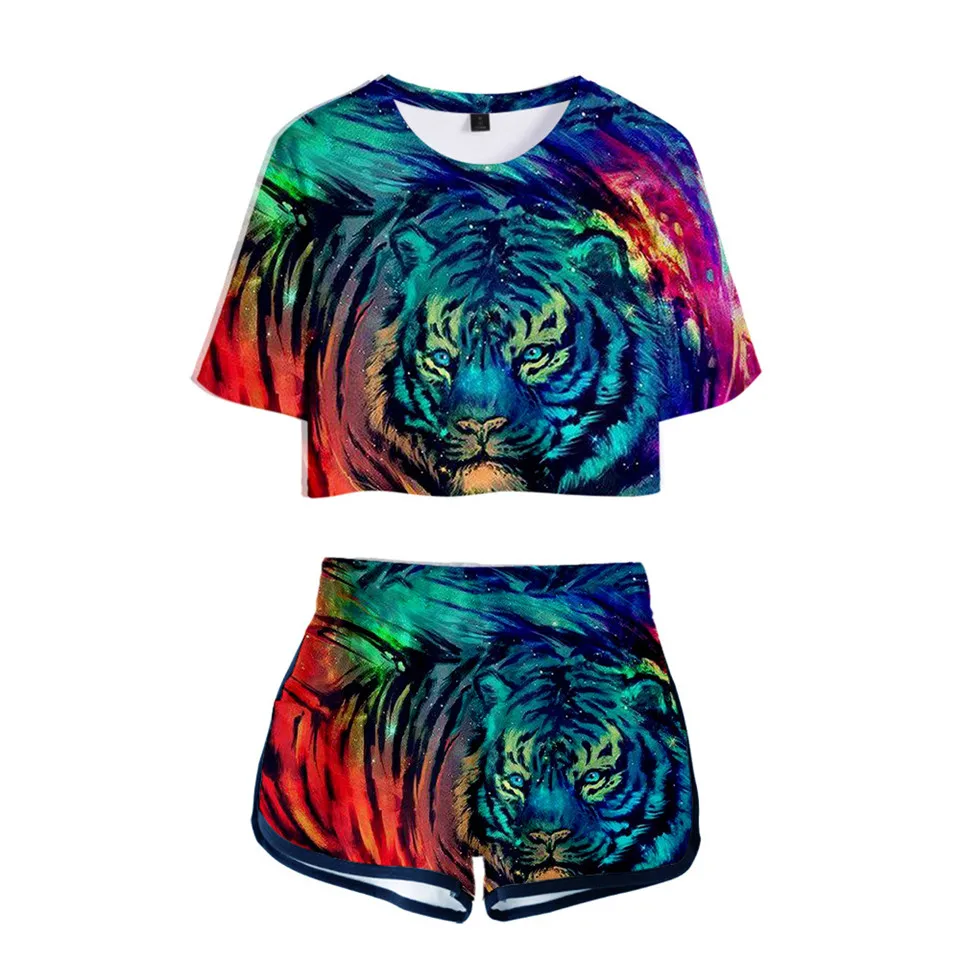 Conjunto de 2 piezas para mujer, camiseta 3d de piel de Tigre, ropa de calle, Tops, pantalones cortos, ropa deportiva Sexy, traje de pantalones cortos de verano