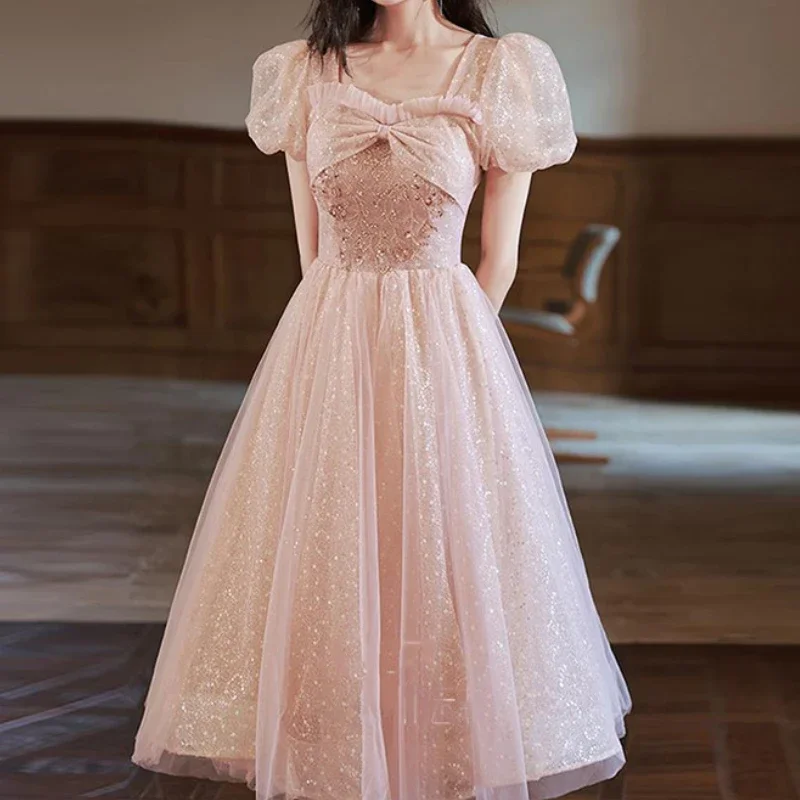 Customized Sweet Temperament Square Collar Puff Short Sleeve Princess Dress Simple Sequin A-line Ball Gown Front Bow Lurex Mesh