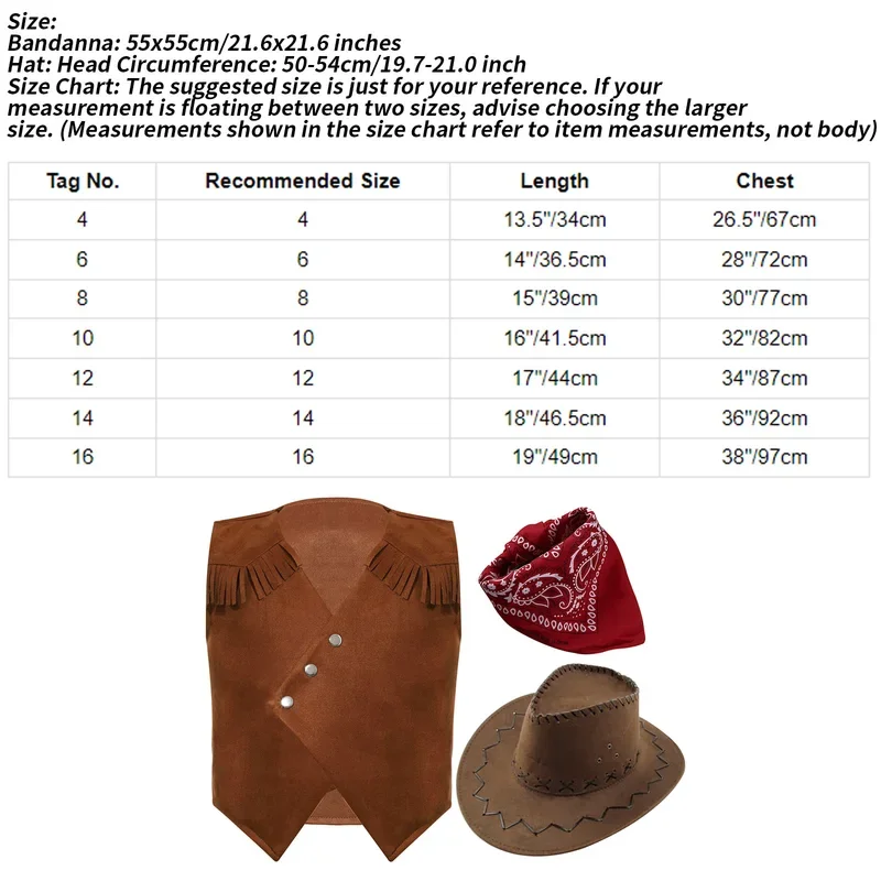 Kids Western Cowboy Cowgirl Costume Suede Leather Fringe Vest with Bandanna Felt Hat Halloween Wild West Cosplay Party Dress Up