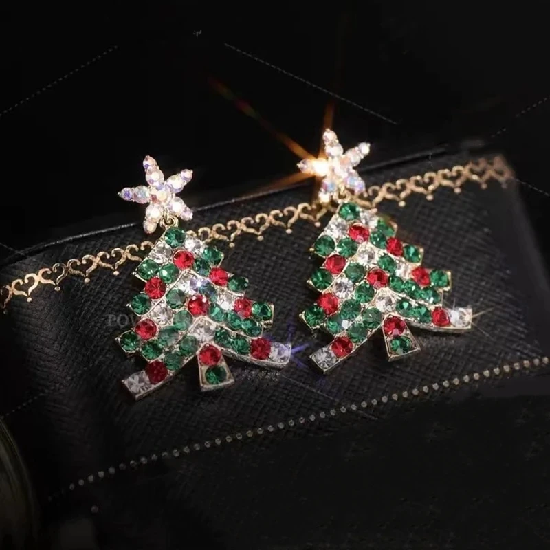 Colourful Zircon Christmas Tree Earrings for Women Sparkling Crystal Snowflake Elk Earring Girls New Year Holiday Jewelry Gifts