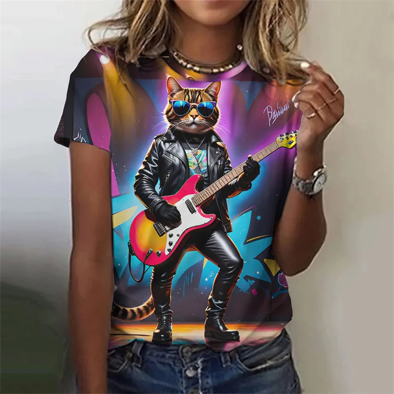 3D Printed Electric Guitar Cat T-Shirt For Women Fashion Animal Graphic Short Sleeves Summer Harajuku Loose T Shirts O-Neck Tees