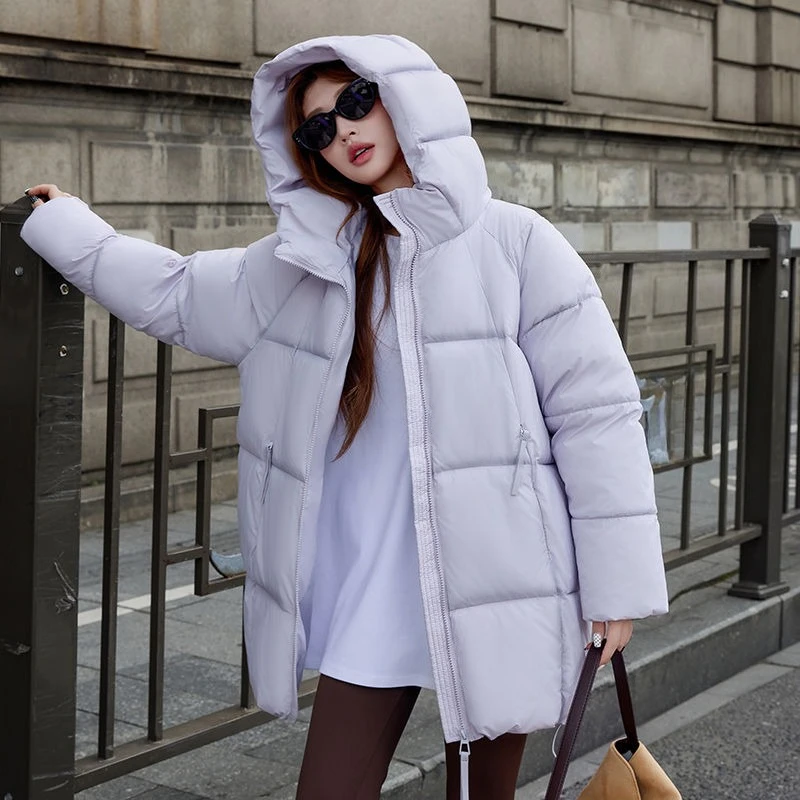 

2025 New Arrival Premium Down Alternative Quilted Mid Length Puffer Coat with Hood Thickened Warm Winter Jacket