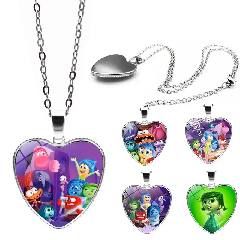 Disney Inside Out 2 Necklace Love Heart Shape Pendant Girl Cartoon Anime Figures Princess Accessories Kids Gifts