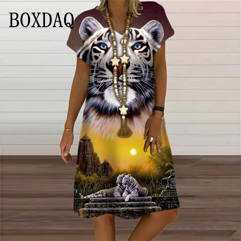 Lässige Frauen lose A-Linie Kleider Dame Mode Party kleid Sommer V-Ausschnitt Tiger gedruckt Kurzarm Midi-Kleid plus Größe Kleidung