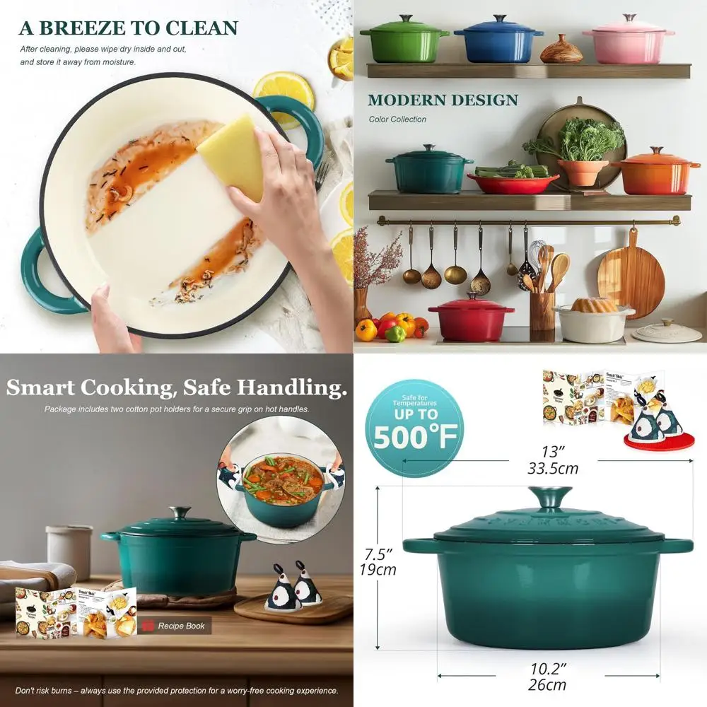 

5.5 Quart Enamel Dutch Oven with Lid and Cotton Potholders - Versatile Cookware for Braising, Stews, Roasting, and Bread Baking