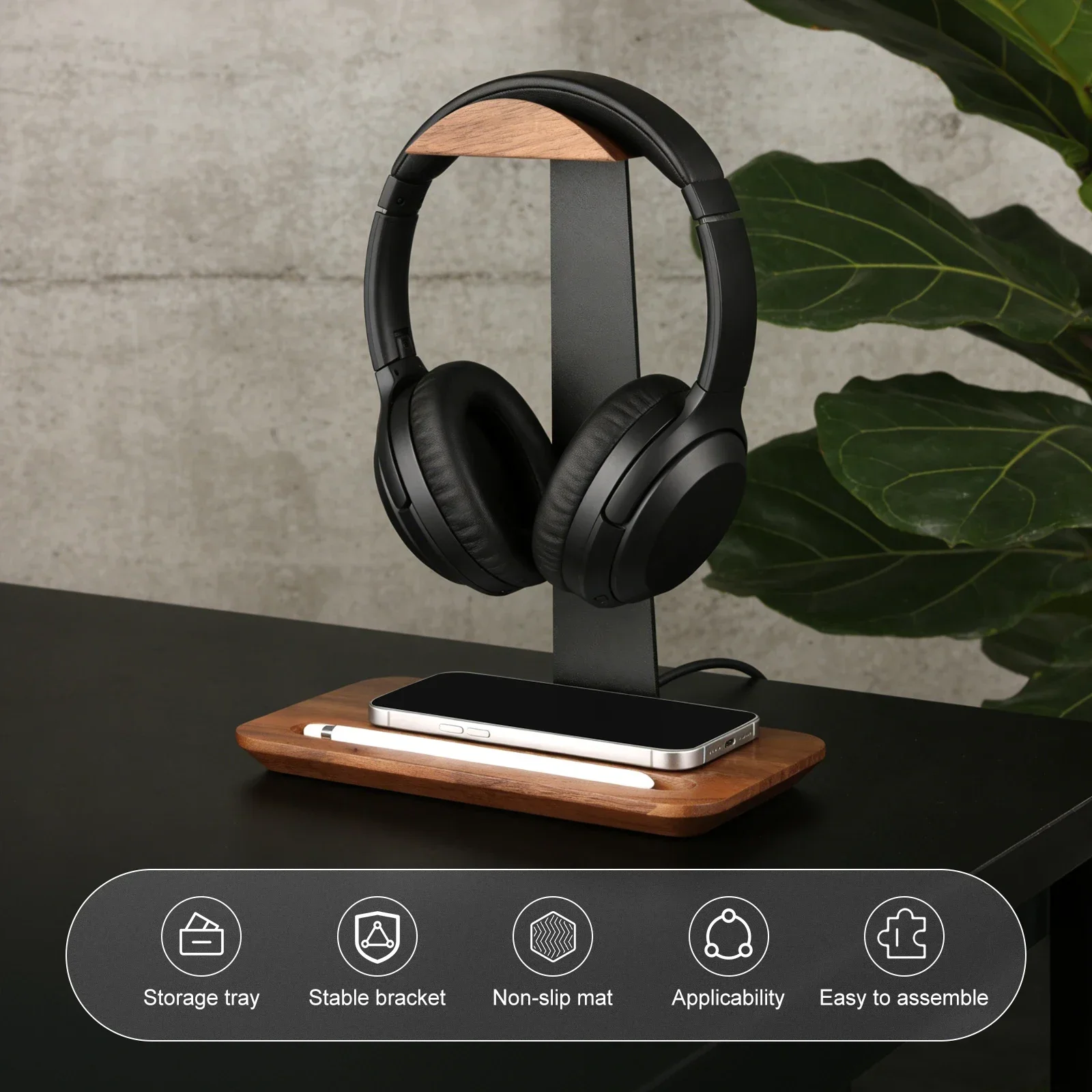 Universal Wood Headphone Stand with Storage Base Non Slip Table Headset Holder Decorative Desktop Vertical Headset Storage Rack - view 3