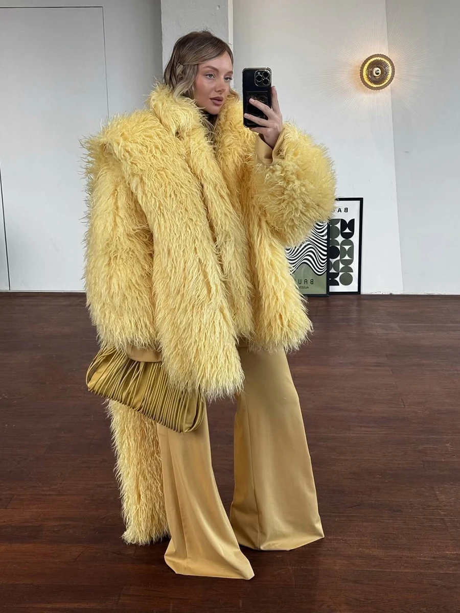 LIMO Women V Neck Shaggy Faux Fur Coat Open Front Loose Fluffy Curly Plush Jacket