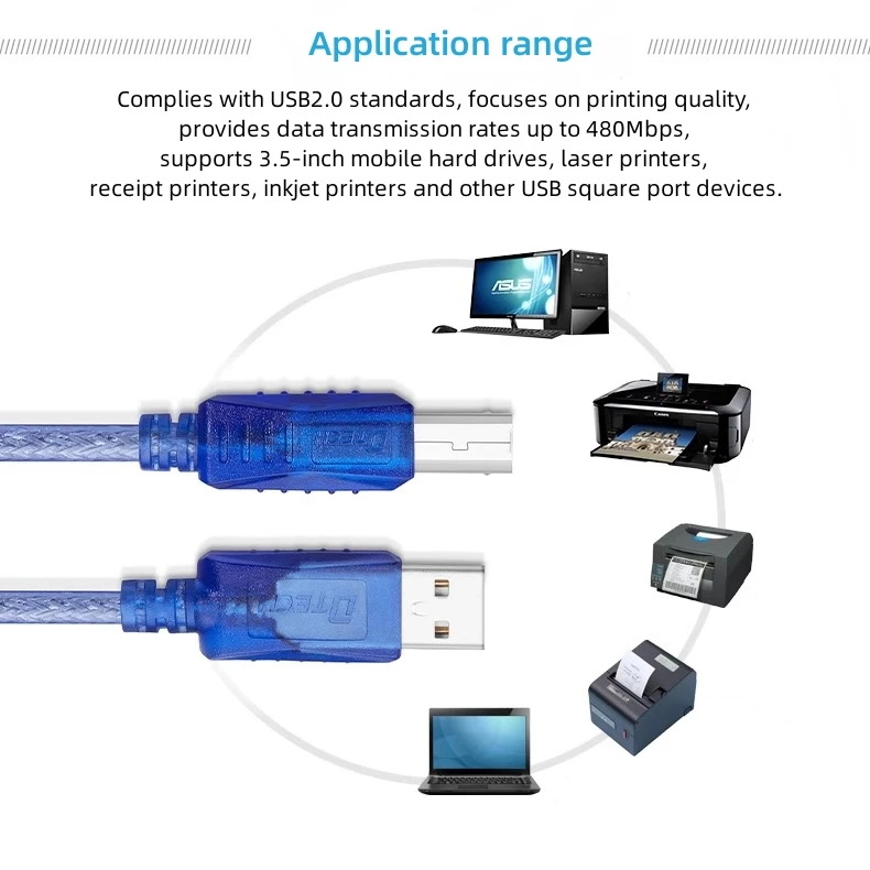 DTECH CU0093 USB 2.0 Type a Male to B Male Printer Data Cabo AM to BM Extension Cable 1.8m