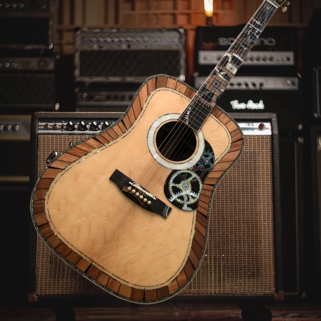 

D200 Collection: Acoustic Guitar All Sow Wood Bear Claw Pattern Spruce Panel, Ebony Fingerboard Open Gold Tuner,Abalone Shell