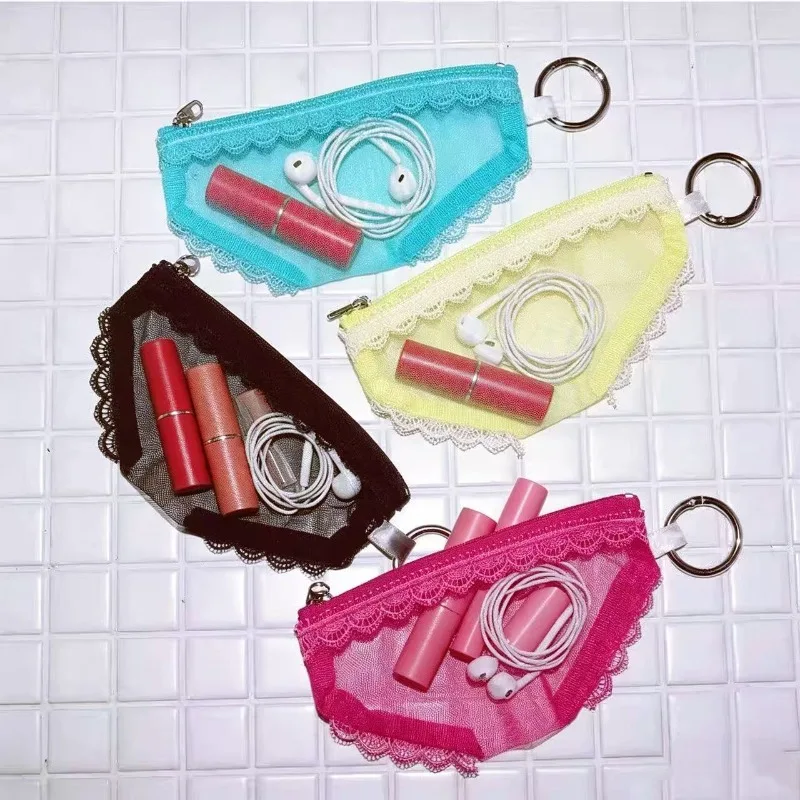 Sexy Mesh Panties Shaped Mini Storage Bag Lace Trim Convenient Pouch for Lipstick Cream Samples Earphone Cosmetic Organizer