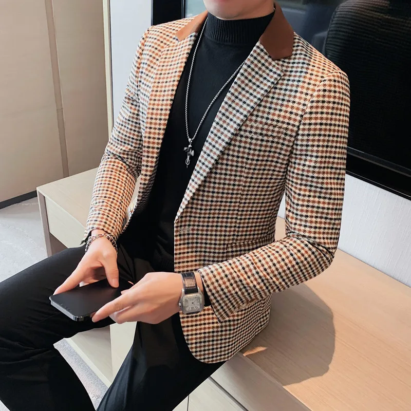 2024 Autumn Winter Korean  Houndstooth Blazer Jackets Fashion Color Matching Lapel Design Casual Men\'s Plaid Suit Coat Tuxedo