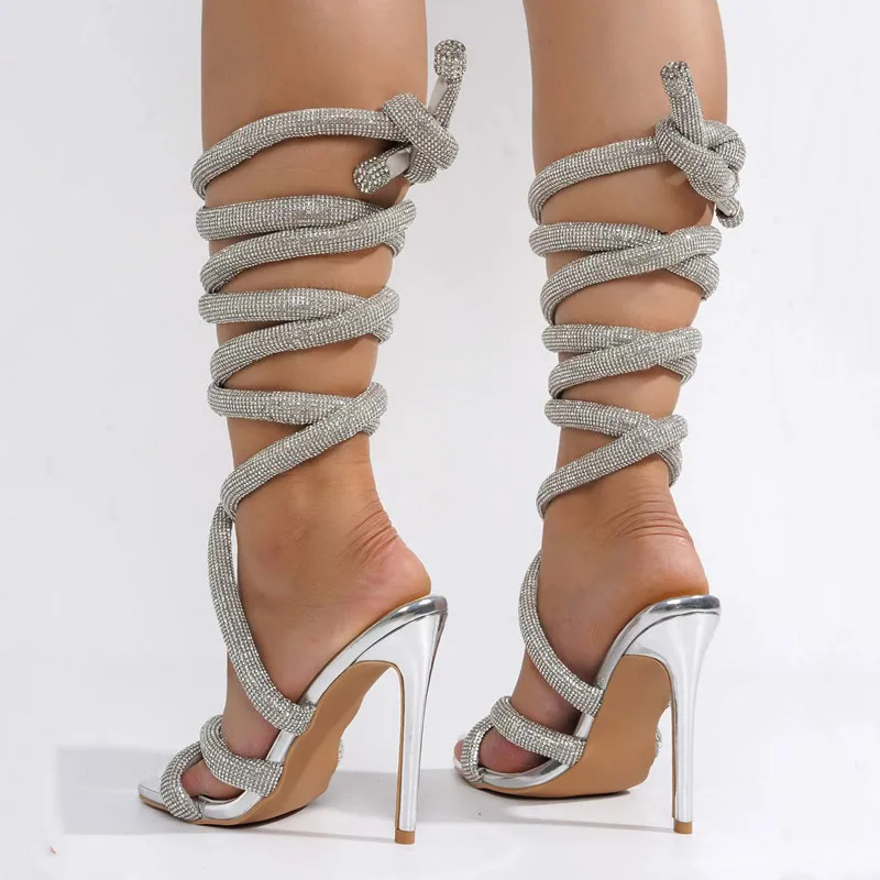 Luxe Steentjes Dames Sandalen Sexy Enkelband Gekruiste Dunne Gladiator Sandalen Met Hoge Hakken Mode Zomer Feest Prom Schoenen