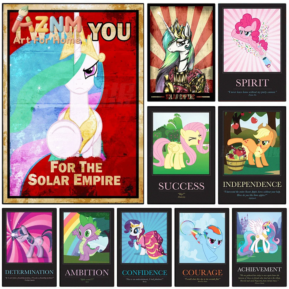 AZNM My Little Pony Retro Propaganda Poster Canvas Painting, Frameless Canvas Wall Art, Cartoon Character Wall Painting for Be