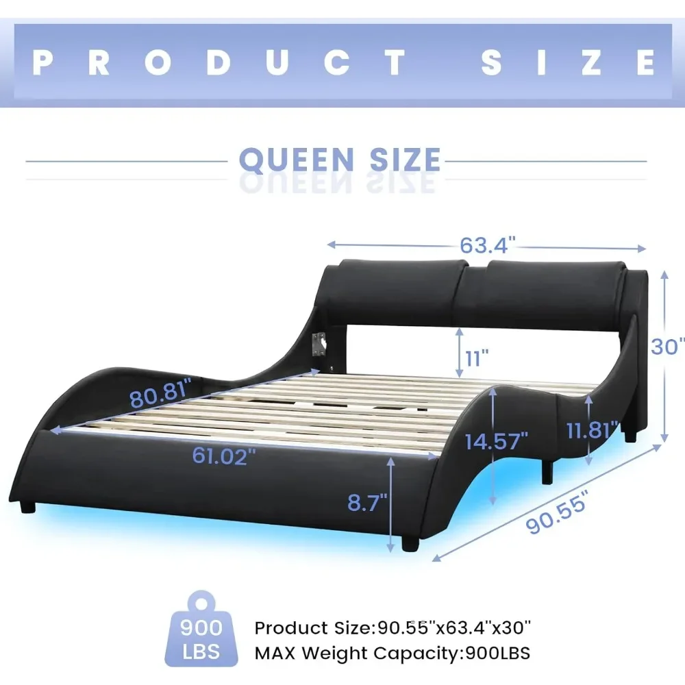 Queen Led Bed Frame Modern Faux Leather Upholstered Platform Bed Frame with Headboard Wave Like Curve Low Profile Bed Frame