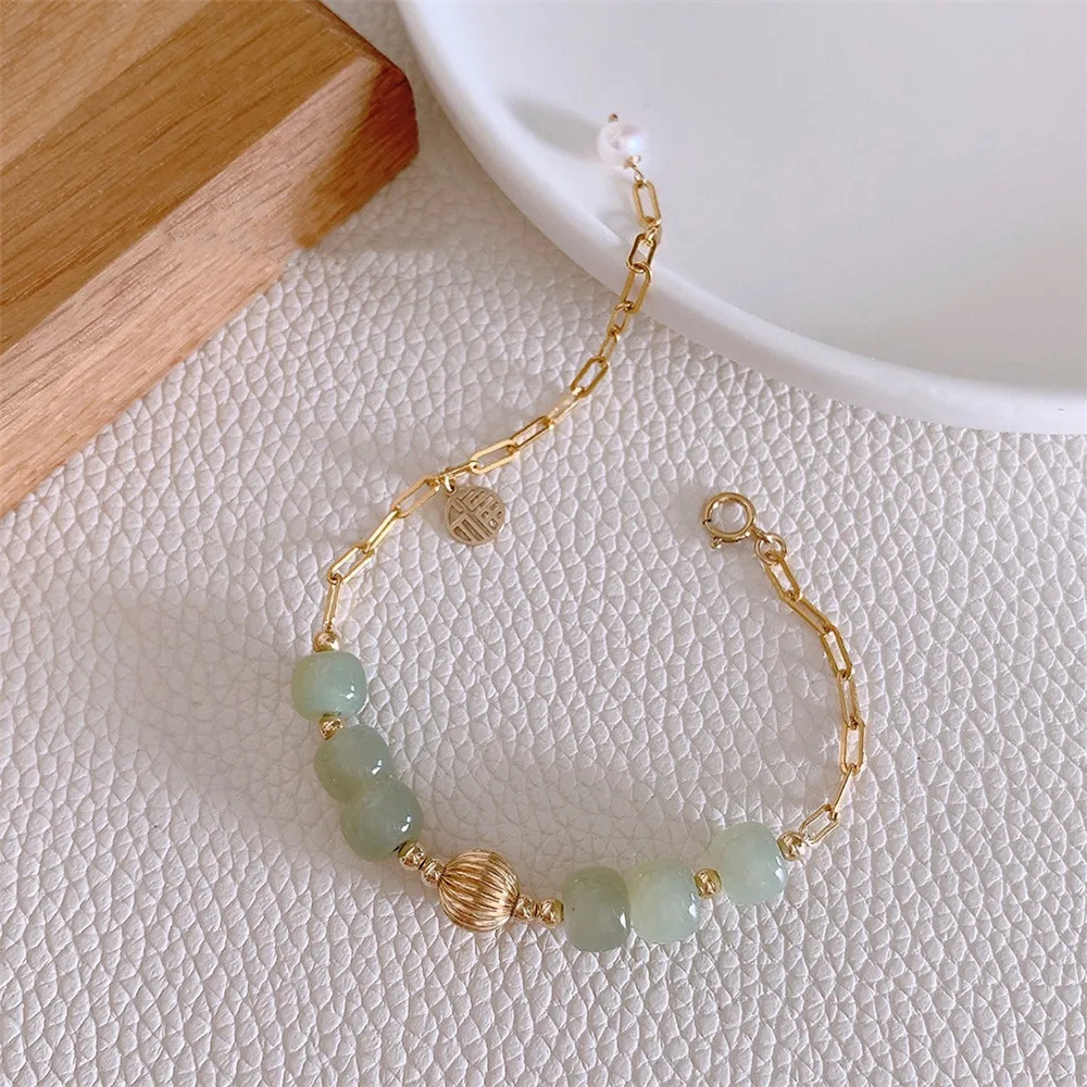 Natural Hetian Jade Beads Blessing Pendant Chain Bracelet Women Handmade Adjustable Niche Design Charm Jewelry Trendy Gift