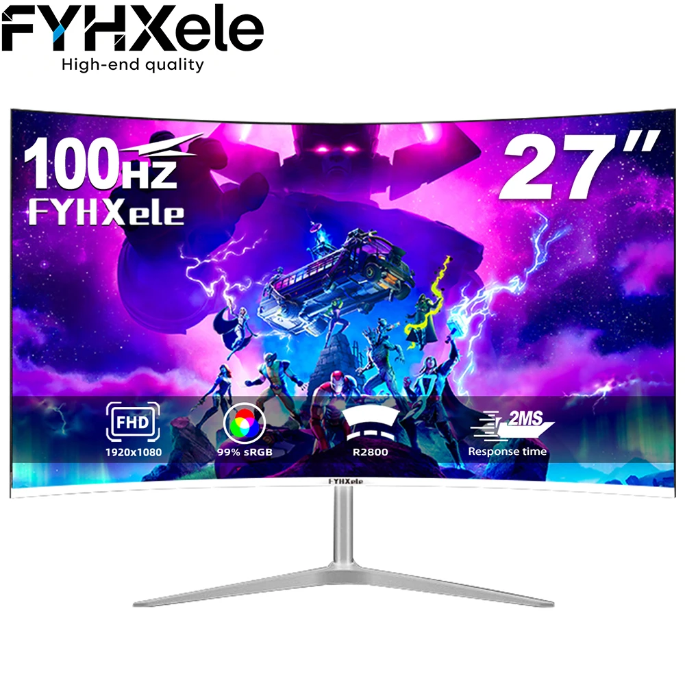 Monitor FYHXele de 27 Pulgadas con Pantalla Curva para Juegos y Oficina, Freesync/Gsync, 1080P, 99% sRGB, 100HZ, MVA, VESA, Luz Azul Baja y Sin Parpadeo
