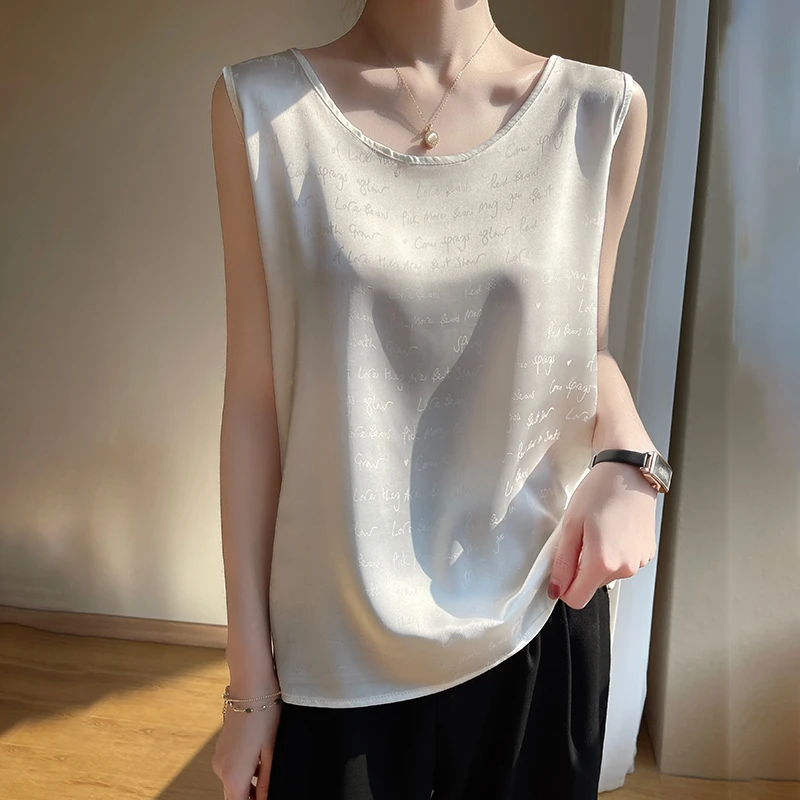 

Women Silk Camisole Ladies' New Loose Knitted Vest Thin Sleeveless Tops Summer Suit Inside Satin Sling Mulberry Silk Base Shirt