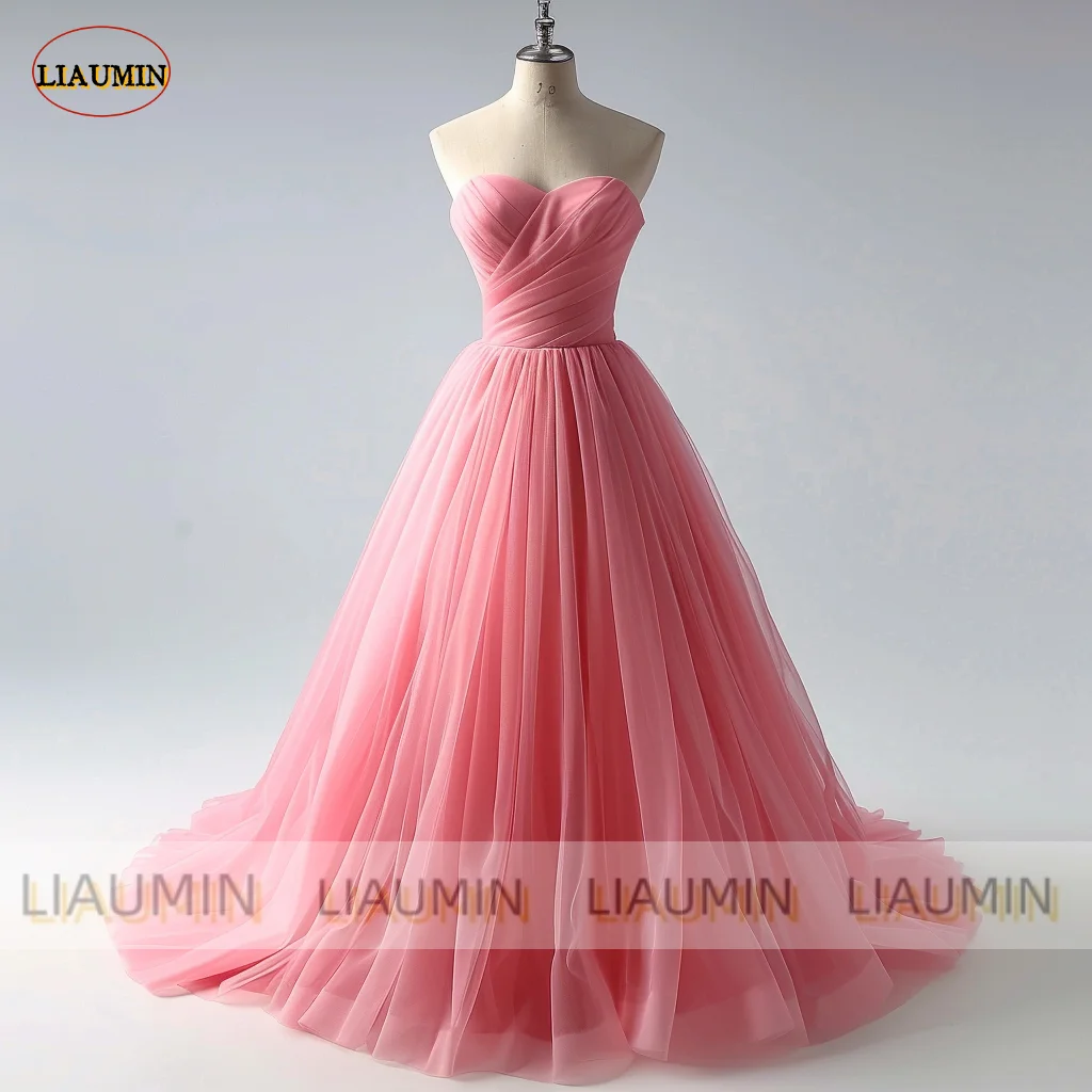 

Simple Pink Tulle Evening Prom Dress Pleat A Line Floor Length Wedding Formal Occasion Lace Up Back Hand Made Custom A1-13.1