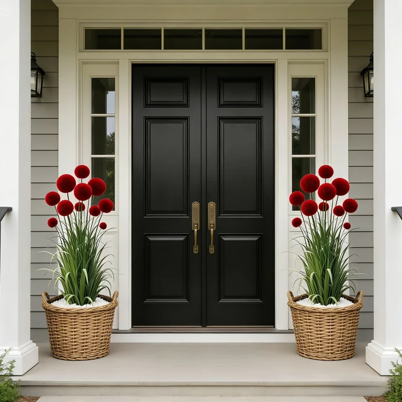 4 Pieces = 12 Stems, Vase Not Included. Artificial Simulated Reed Ball-Stem Grass, Realistic Red Ball Flowers, Suitable for Indoor and Outdoor Decoration, Perfect for Home, Hotel, Office, Weddings, Parties, Home Gardens, Porches, Cottages, Courtyards, Cafes, Very Suitable for Mother's Day, Father's Day, Earth Day, May 5Th, Graduation Season - view 3