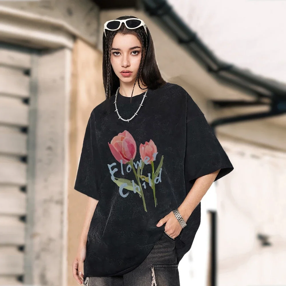 

Tulip Printed Fashion T-Shirt Crew Neck Cotton Casual Short Sleeve Women Trendy Vintage Unisex Washed T-shirt 90s Oversize Tee