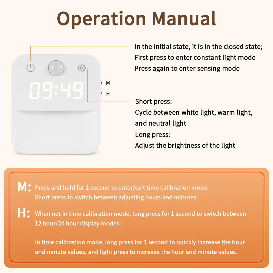 EU and US Standard Socket Human Body Induction Clock Night Light 110V-220V Infinite Dimming Three Color Switching Clock Display