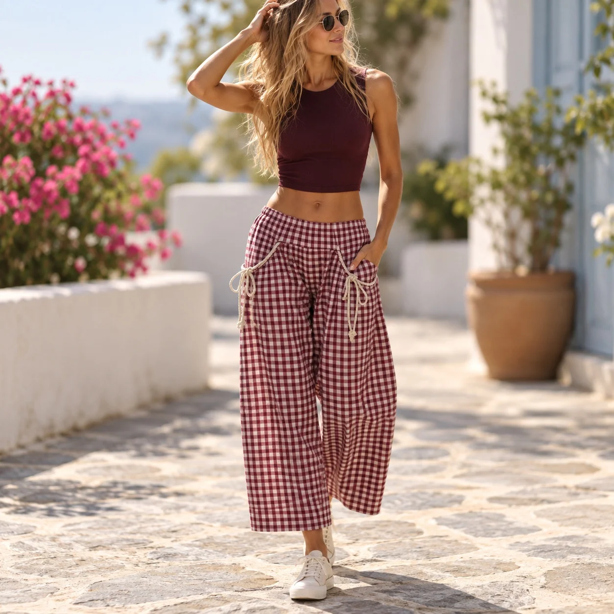 Plaid Casual Relaxed Fit Pants Mid Rise Ankle Length with Lightweight No Stretch Checkered Pattern Drawstring Women Pants