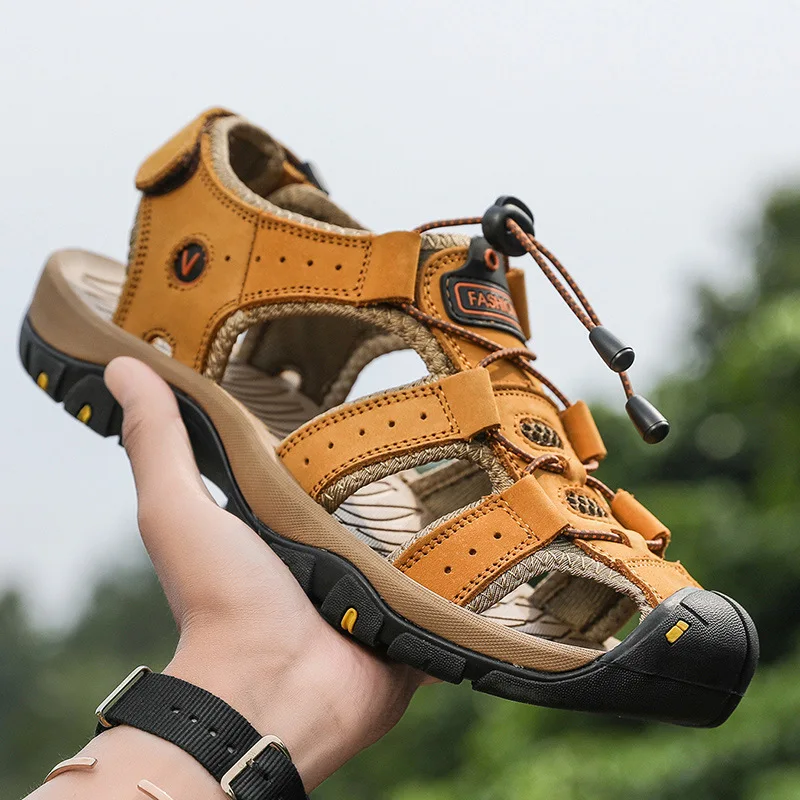 2026 Men's Casual Shoes Breathable Outdoor Beach Sandals Big Dock Layer Cowhide Quick Dry Slip-On Shoes Comfortable Rubber Sole