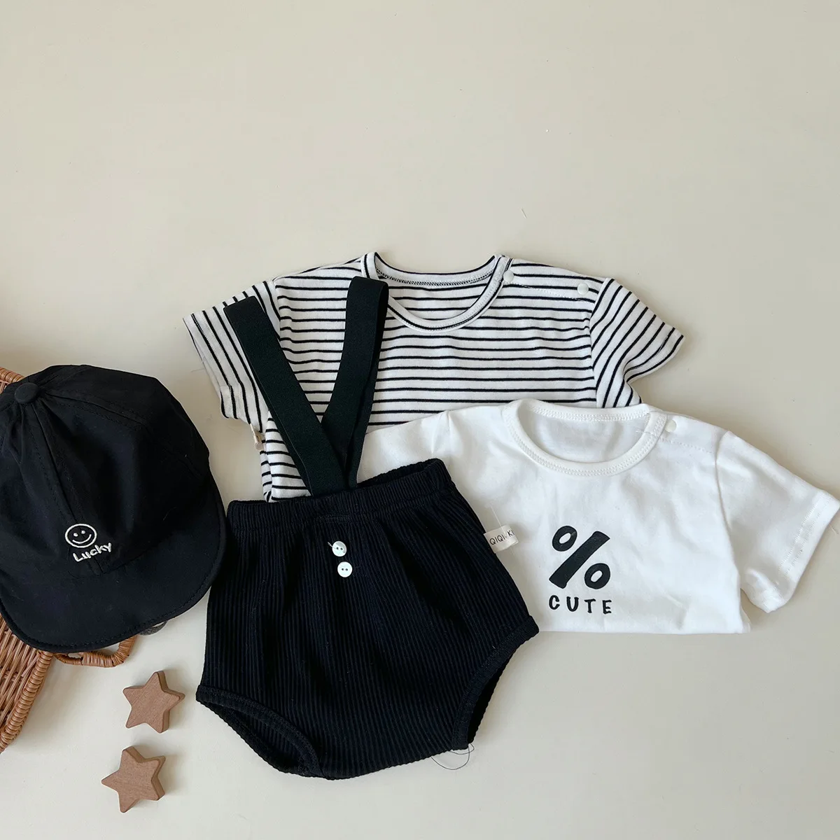 Summer Ins Newborn Girl Ribbed Solid Overalls Boy Girl Infant Casual Striped Short Sleeves T-short Baby Cotton Letter Print Tees