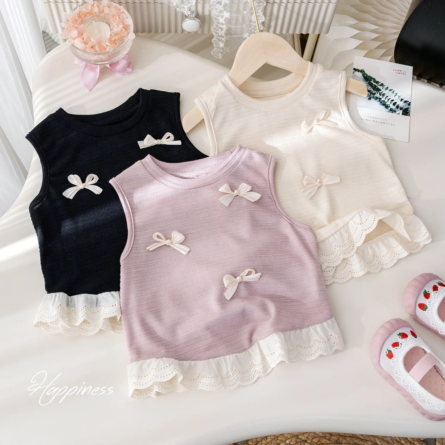 Girl's Fashion 3D Bow Tank Top Korean Kids Girls Lace Sleeveless T-shirt Baby 2024 Summer Versatile Top Tees 2-6Years Old