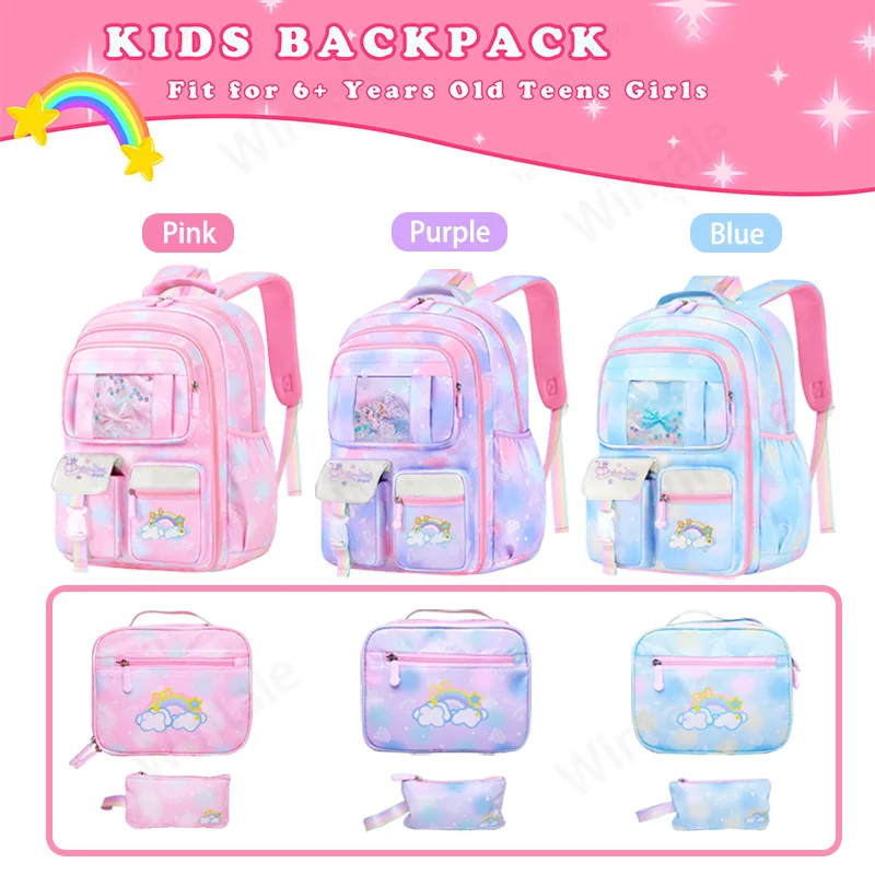 3Psc/1Set Girls School Backpack Primary School Bag for Child Students with Lunch Carrying Bag Kids Travel Backpack