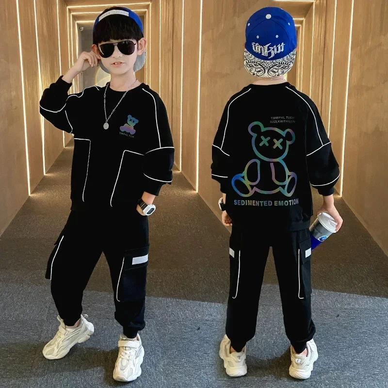 Boys Sweatsuit Set 2 Piece Sweater and Jogger Sweatpants Outfits Children Reflective Bear Pullover & Pants Suits Kids Loungewear