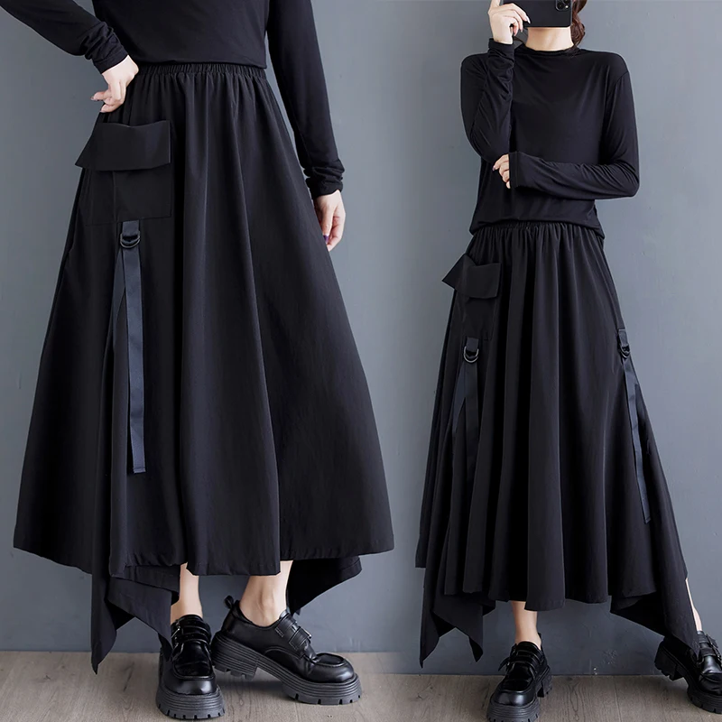 

Faionable Loose Women's Midi Skirt Asymmetrical Hemline Splicing Design Spring Autumn Korean Sle High Waist A-Line Skirt