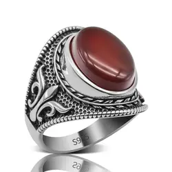 Wholesale Real 925 Sterling Silver Mens Ring Natural Red Agate Stone Jewelry Gift Silver Hand Wedding Agate Ring