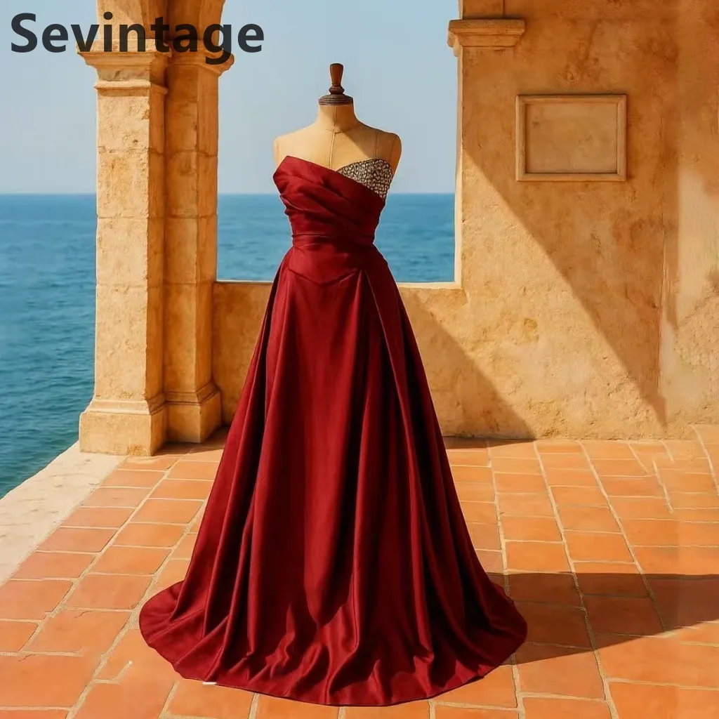 Sevintage 2025 Burgundy Satin A Line Evening Dress Sweetheart Beaded Prom Gown For Wedding Farmal Party Dress Customized