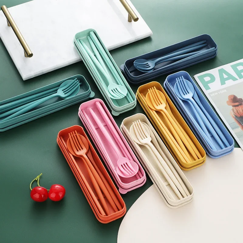 

4-piece Wheat Straw Tableware Knives Forks Spoons Chopsticks New Portuguese Plastic Portable Tableware Set Dinnerware Set