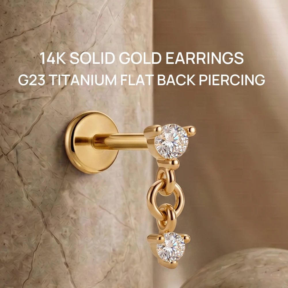 DIeSchein 14K Solid Gold Flat Back Stud Earring Women Chain Piercing Stud Earring Stud Internal Thread Earring for Gils Gifts