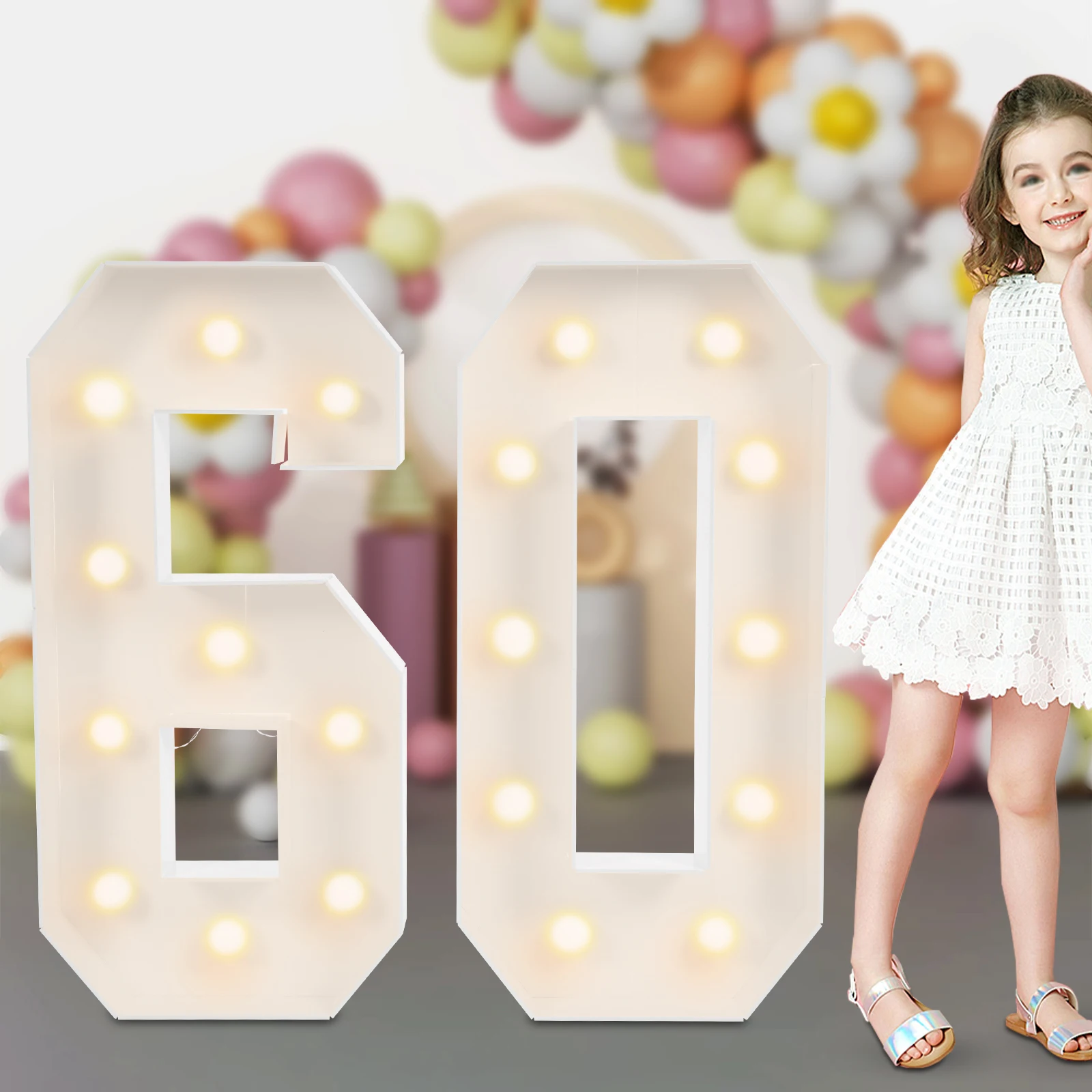 60 Light Up Numbers 60th Birthday Party Decorations Women Men 3.28Ft Height LED Night Lamp Number Frame Marquee  Mosaic Number