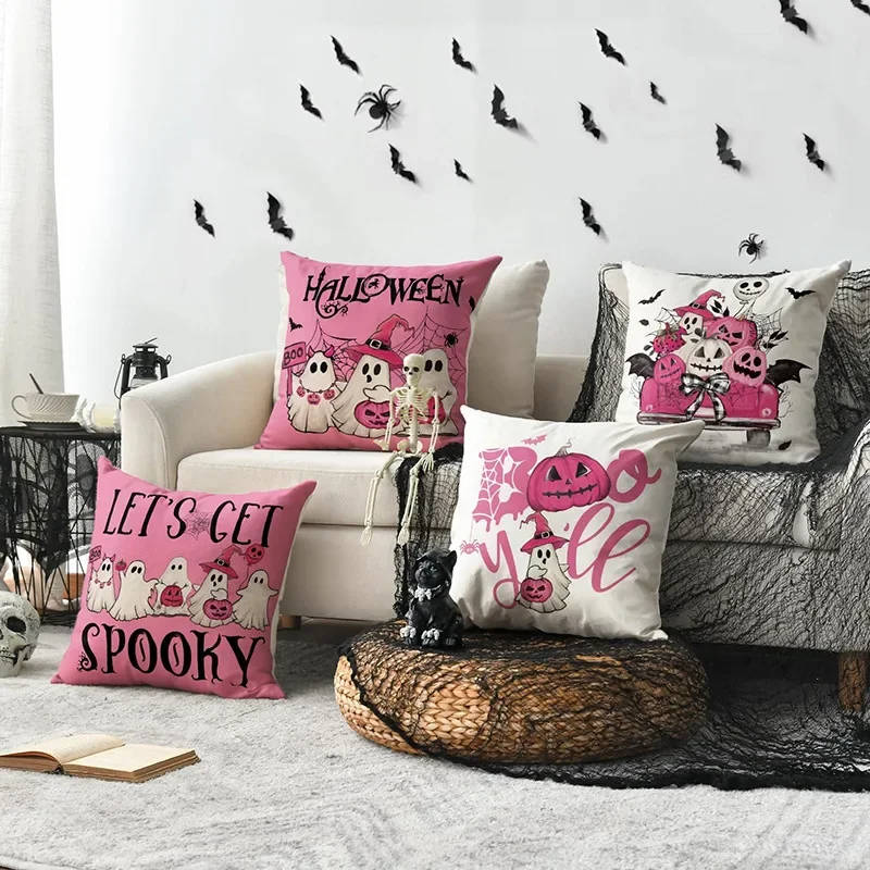 

Pink Halloween Cushion Cover Horror Ghost Pumpkin Printed Pillow Cover 45*45cm Decorative Pillowcase for Festivals and Parties