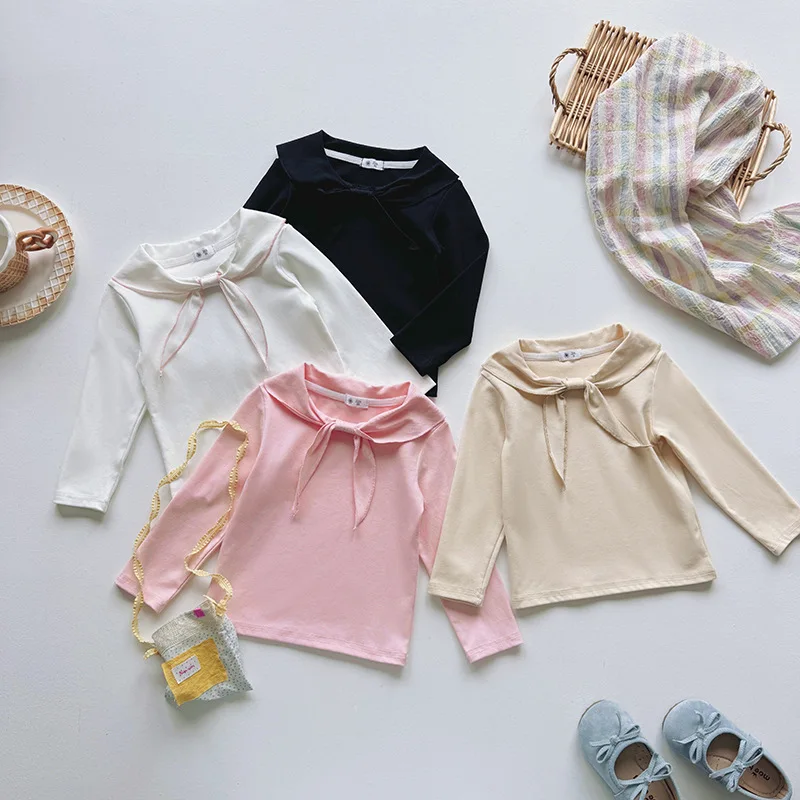 

Korean Children's Clothing Girls' Spring and Autumn Bottoming Shirt Outerwear Top Bow Tie Cotton Bottoming Shirt Korean