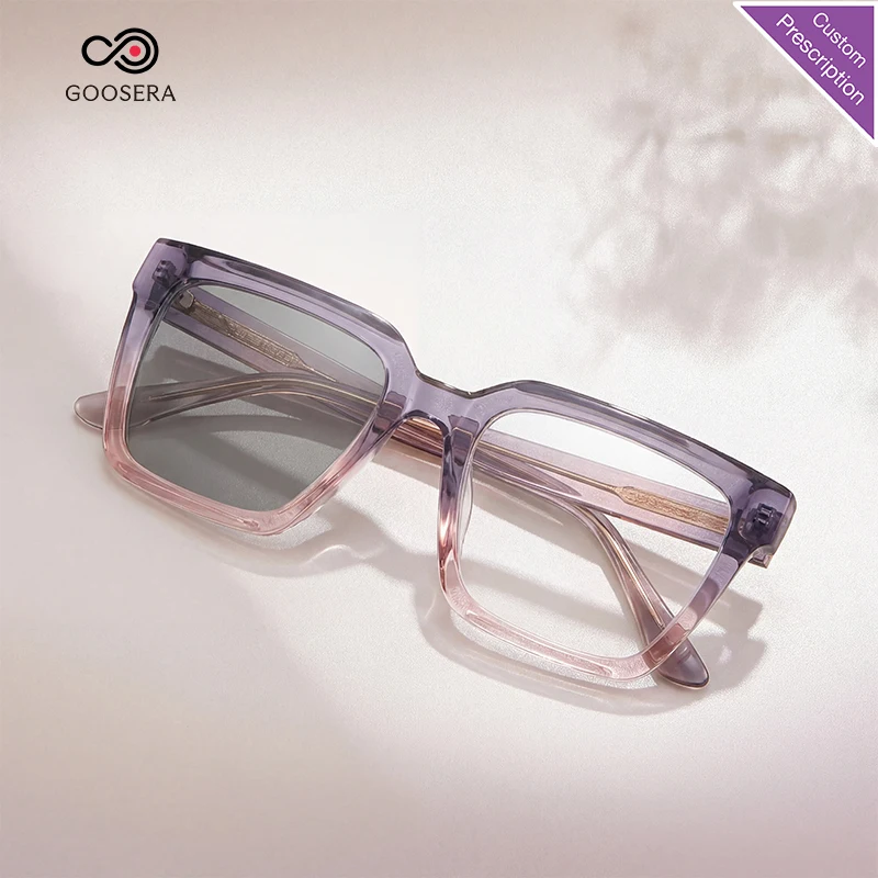 Personalized Large Frame Square Design Women's Anti-Blue Light Myopia Glasses Photochromic Customizable Prescription