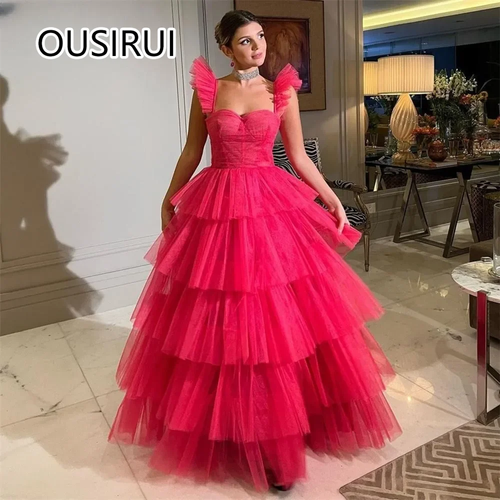 Custom Made Charming Spaghetti Straps Tulle Tiered Ball Gown Formal Evening Bridesmaid Dress Backless Long Court Evening Gown