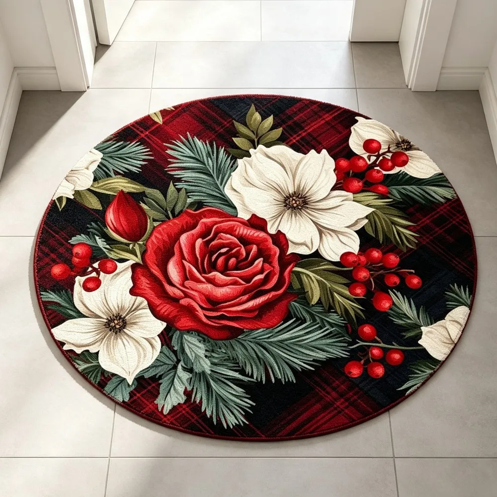 Red Rose Round Area Rug White Magnolia Flower Circular Floor Mat Tartan Plaid Holiday Carpet for Apartment Guest Room