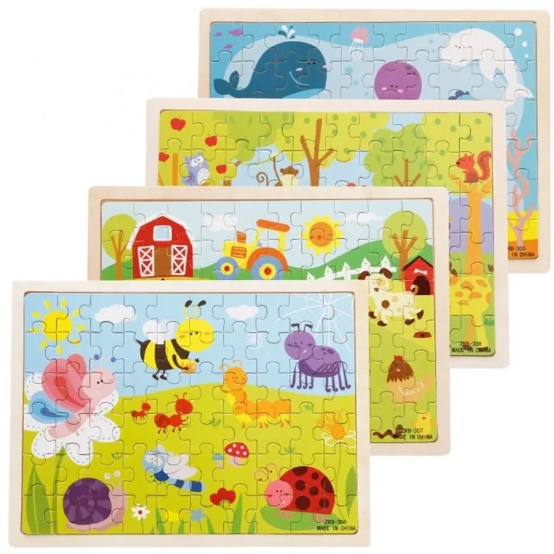 60pcs Cartoon Wooden Puzzles Animal Farm Insect Jigsaw Puzzle Montessori Educational Board Toys for Kids Baby Over 3 Years